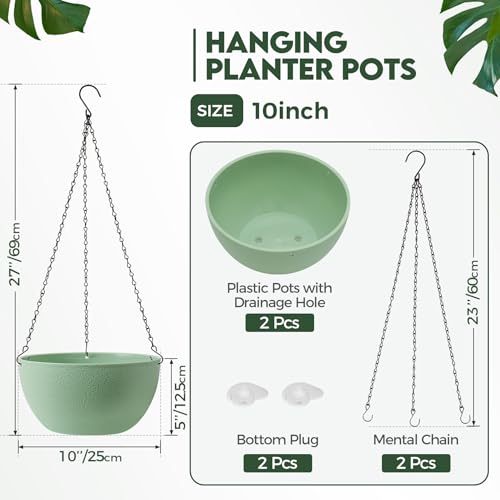 T4U Hanging Planters for Indoor Outdoor Plants, 10 Inch Green 2 Pack - color: Green, size: 10 In
