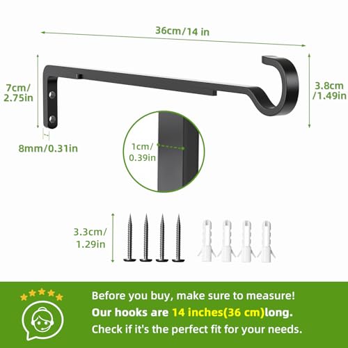 14 Inch Plant Hooks for Wall,Plant Hangers Outdoor/Indoor,Hold 35lb, 2 Pack - color: Black, size: 14 Inch