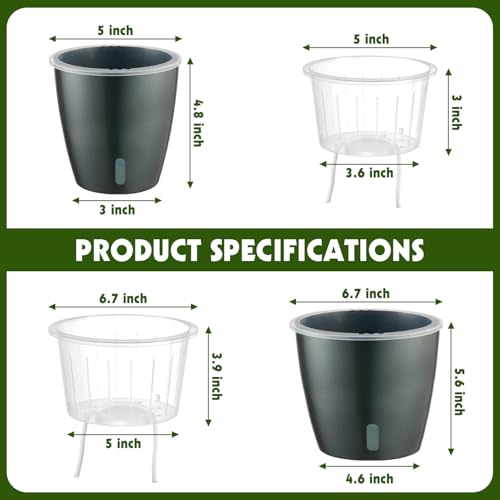 Self Watering Pots for Indoor Plants, 6-Pack 5'' Self Watering Planter with Drainage Holes, Small African Violet Pots with Water Indicator, Clear Wick Orchid Pot, Grey - color: Grey/6 Pack, size: 5"