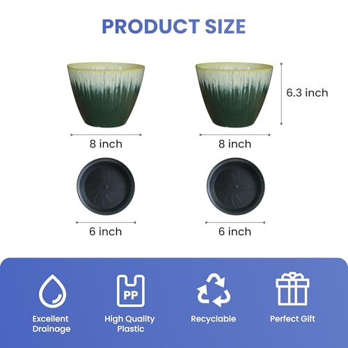 Pack of 2 Flower Pots, Plastic Plant Pots with Drainage Holes, 8 inch Modern Glossy Finishing Planter for Indoor Outdoor Plants (Green Glaze, 2 Pack) - color: Green Glaze, size: 2 pack