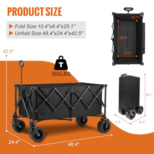 48.4" Extra Long Folding Wagon, 560 LBS Heavy Duty Collapsible Wagon Cart with 6.7" All-Terrain Wheels, 24.4" Wide Utility Wagon for Beach, Camping, Garden, Sports & Outdoor Gear