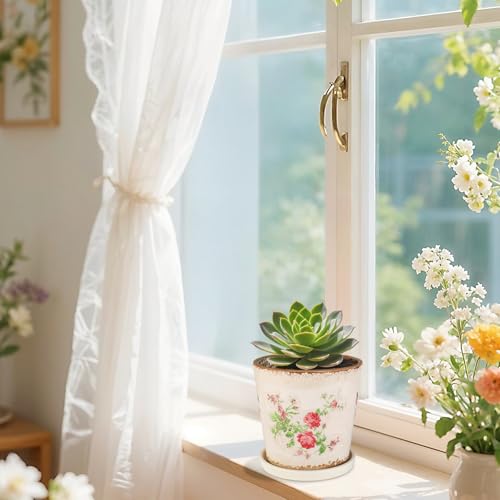 Ceramic Flower Pots for Indoor Plant with Drainage Hole & Saucer - color: Pink Floral
