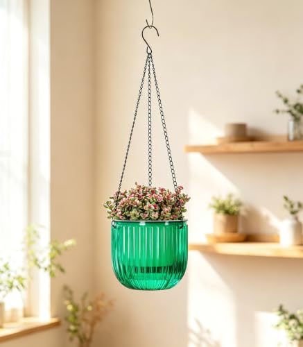 Josteve 6.5 Inch 2 Pcs Self Watering Hanging Planter Indoor Plant Pots Drainage Holes, Outdoor Hanging Planters Flower Pot Basket, Visible Water Level, Plant Hanger Home Decor, Gardening - color: Emerald, size: 2*6.5 inch