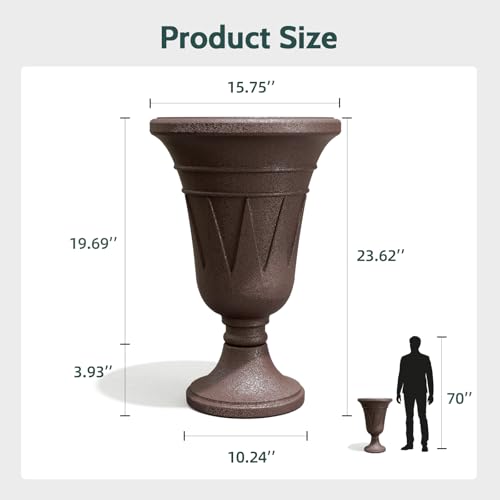 Tall Plastic Urn Planters and Pedestal - 24" Outdoor Planter Brown - color: Brown-trophy