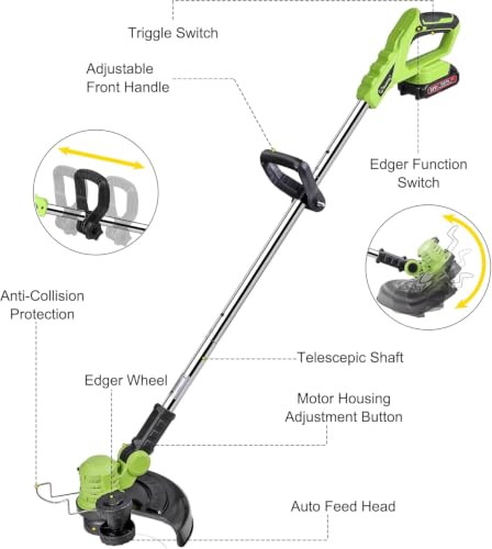 20V Electric Weed Wacker Cordless Edger Lawn Tool 2X2.0Ah Battery Powered Weed Eater 12" Lightweight String Trimmer Auto Line Feed Grass Trimmer
