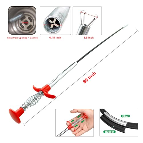 80-Inch Drain Snake Hair Clog Remover with Round Knob and 4-Claw Grabber - style: 80 IN