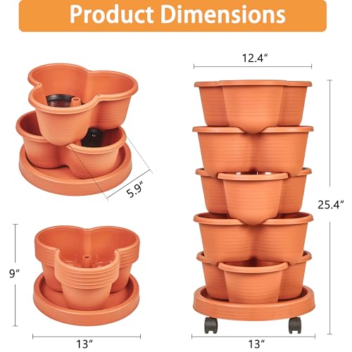 VECELO 5 Tier Vertical Garden Planter, Self Watering Stackable Planters with Wheels for Strawberries, Herbs, Flowers, Vegetables, Red - color: Red, size: 5 Tier