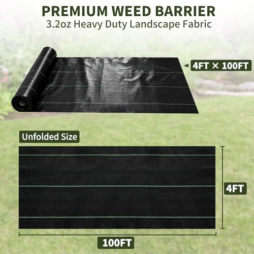 EXTRAEASY 4ft x 100ft Weed Barrier Fabric, Heavy Duty Landscape Fabric, 3.2oz Weed Control Fabric, Tear-Resistant Weed Blocker Ground Cover for Garden, Gravel, Driveway, Flower Bed - size: 4ftx100ft