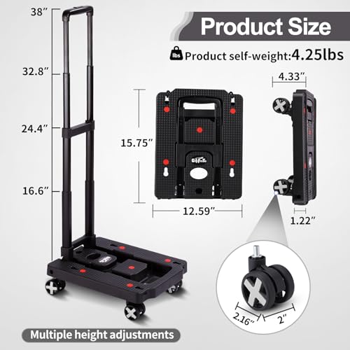 GtIiFmTe Foldable Hand Truck, Lightweight Luggage Cart for Airport Car Seat - size: 4 Wheels-Non Stretchable