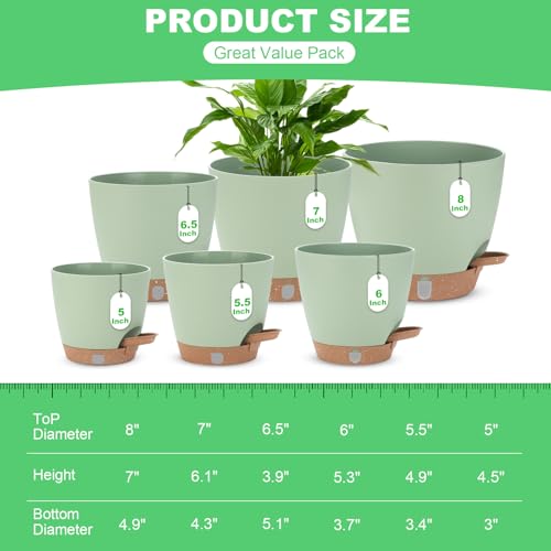 Self Watering Planter Set with Visual Water Level, 6Pack Small Plastic Pot with Drainage Holes and Reservoir Saucers, Modern 8+7+6.5+6+5.5+5 Inch Bottom Watering Flower Pots for Indoor Plant - Green - color: Green-small