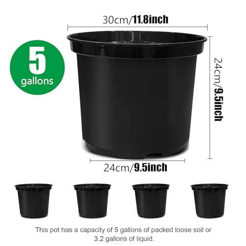 RooTrimmer 5 Gallon 12 Inch Plastic Nursery Pots, Plant Containers with Drainage Holes, Round Sturdy Garden Planters for Indoor/Outdoor Greenery, Gardening Gifts for Women (5-Pack, Black) - size: 5Gallon-5P-Black