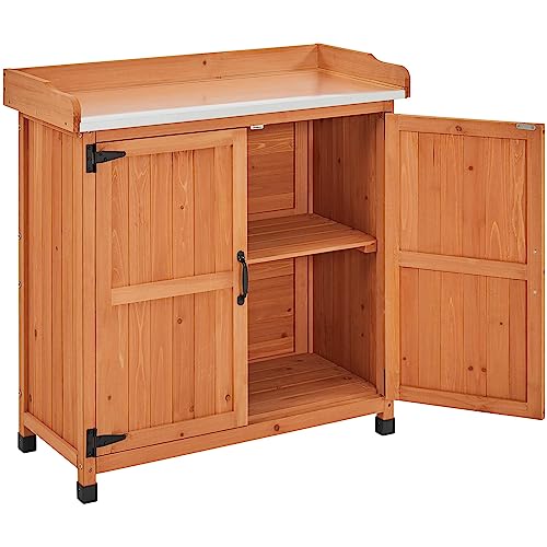 Topeakmart Potting Bench for Outside with Storage Cabinet & Metal Top,Brown - color: Brown