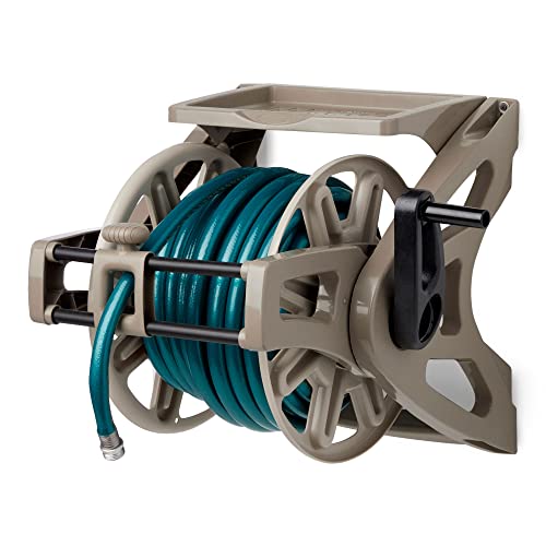 Suncast Slide Trak Garden Hose Reel, Wall-Mount Holder with Storage Tray, Dark Taupe - Outdoor Mounted Organizer for 175 Ft of 5/8" Standard Vinyl Water Hoses in Lawn and Yard
