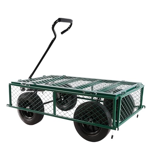 Metal Utility Wagon with 10" Solid Large Wheels 500 Lbs Capacity Heavy Duty Wheel Barrow Mesh Steel Garden Wagon Cart Dump Cart Pullable with 180° Rotating Handle Removable Sides (Green) - color: Green