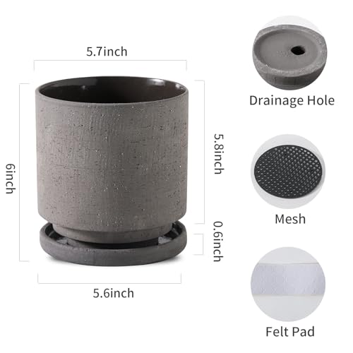 Nihow Ceramic Plant Pot Drainage Hole & Saucer for Indoor Plants, 5.7 Inch - color: Charcoal Gray, size: 5.7 Inch