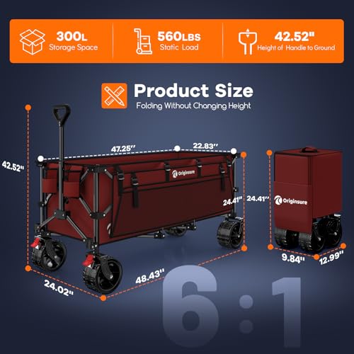 Originsure 300L Beach Wagons Carts Foldable with Big Wheels, 560lbs, Red - color: Red