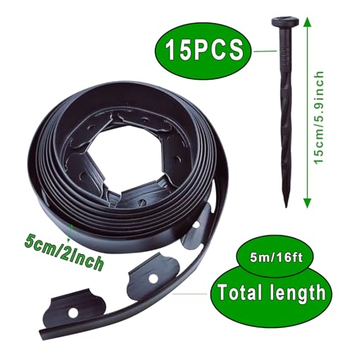 Garden Edging, 16.4 Feet Landscape Flower Bed Edging Borders with 15 Pieces Landscape Fixing Spikes, 2 Inches Tall in Edging (16.4 Feet X 2 Inches)