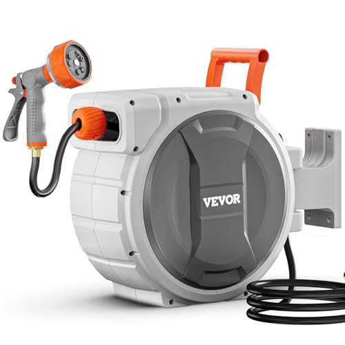 VEVOR Retractable Garden Hose Reel, 1/2 Inch x 84 ft Wall Mounted Heavy Duty Garden Hose Reel with 9 Patterns Nozzle, Any Length Lock, Upgraded Slow Return System and 180°Swivel Bracket - size: 1/2 in x 84 ft