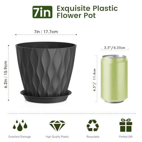 Meowell 7 inch Plant Pots for Indoor Outdoor Plants, 5 Pack Thick Flower Pots with Drainage Holes and Saucers, 3D Modern Wave Texture Plastic Planter Pots for House Plants, Black - color: Black, size: 7 inch 5 pieces