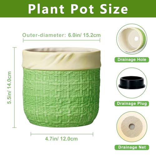 Ceramic Plant Pots - 6 Inch Plant Pot with Drainage Hole, Boho Planters for Indoor Succulent Plants, Decorative Round Unique Flower Pots, Garden Home Office Decor, Housewarming Gifts, Green - color: Green, size: 6 Inch