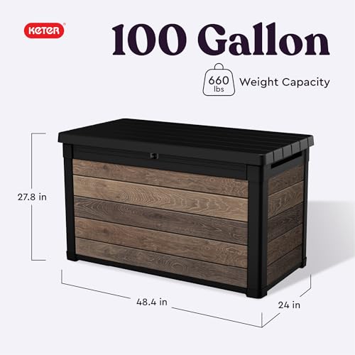 Keter Walnut 100 Gallon Resin Deck Box-Organization and Storage for Patio Furniture Outdoor Cushions, Throw Pillows, Garden Tools and Pool Toys - color: Walnut, size: 100 Gallon