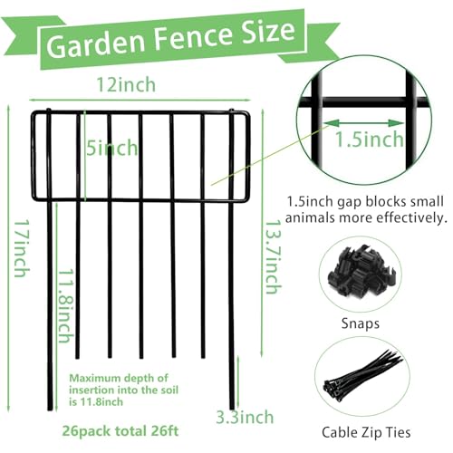 Thrivinest Animal Barrier Fence, 26 Pack No Dig Fence Decorative Fences, 17in(H) x10ft(L) Rustproof Metal Wire Small Garden Fence Border for Dogs Rabbits (26 Pack,28Ft) - color: Black, size: 26 Pack,26Ft