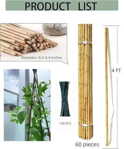 4 Ft Bamboo Stakes with Twist Ties Natural Bamboo Garden Stakes for Tomatoes Cucumber Grapes Pole Beans Trees Potted Dahlia 60 Pack - size: 4 FT-60 PACK & Ties