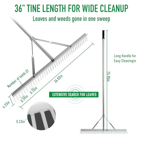 Landscape Rake 36" Head Aluminum Rake, 76" Long Handle, 37 Tines