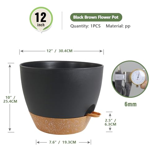 Meowell 12 inch Large Self Watering Pot for Indoor Outdoor Plants - color: Black With Brown, size: 12inch B