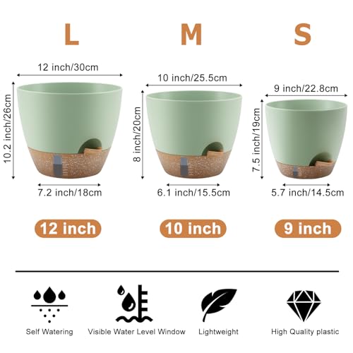 QRRICA 9/10/12 Inch Self Watering Pots for Indoor & Outdoor Plants - color: Green, size: 12/10/9 Inch
