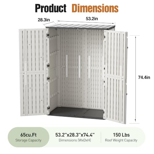 65 Cu.Ft Resin Outdoor Storage Shed with Floor, Weatherproof Plastic Vertical Outdoor Storage Cabinet for Garden Backyard Patio Pool Tool - size: 65 Cu.Ft