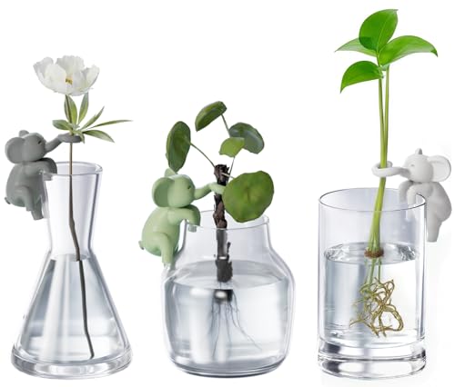 Plant Propagation Buddy Friends, 3 Pcs Climbing Elephant Figurines Plant Support for Hydroponics, Elephants Statue Hugger Decor, Flower Terrarium Ornaments Hanging Off Edge White Green Grey