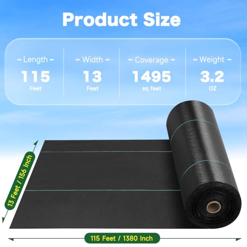13FT x 115FT Weed Barrier Landscape Fabric with Staples, 3.2OZ - size: 13 FT X 115 FT