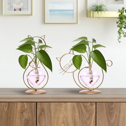 Plant Terrarium Propagation Station Gifts for Women Cat Lover - color: Gold Pink