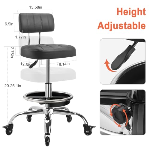 Garage Mechanic Stool with Backrest, Height Adjustable Heavy Duty Swivel Task Chair, Rolling Workshop Stool with Tool Tray Storage, Mechanic Chair for Garage, Shop, Auto Repair (Black) - color: Black