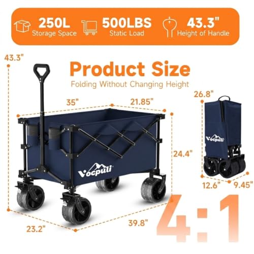 40" L Collapsible Wagon Cart Foldable, 500lbs Weight Capacity 250L Heavy Duty Folding Beach Wagons with Big All-Terrain Wheels, Utility Carts for Groceries, Shopping, Camping, Sports - Blue - color: Blue, size: 250L