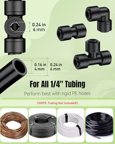 Pawfly 40 Pcs Quick Connect Drip Irrigation Fittings Kit for 1/4" Tubing, Push-to-Fit Drip Line Connectors Set with 10 Tees, 10 Couplings, 10 Elbows & 10 End Plugs, Anti-Leak Drip Irrigation Parts - size: 40pcs 1/4" Fittings Kit