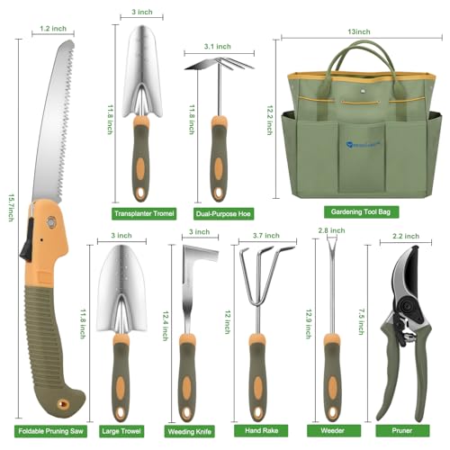 Yesker Gardening Tools 9-Piece Heavy Duty Garden Tool Set Gardening Supplies Gifts for Women Men Gardening Hand Tool Kit w Non-Slip Ergonomic Rubber Handle, Durable Garden Bag, Pruning Shears, Green - size: 9PCS Yellow Green