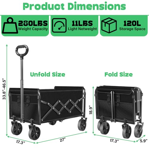 Collapsible Wagons carts Foldable Wagon, 280lbs Folding Wagon Cart with Wheels, Utility Camping Cart for Camping Picnic Grocery Sports Garden - color: Obsidian
