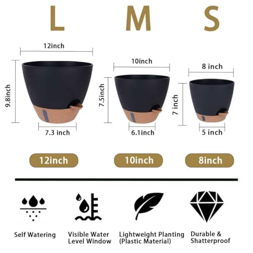 HEJIYUE Large Plant Pot, Self Watering Pots for Indoor Plants, 8/10/12 Inch Plastic Planters with Water Level Indicator, Drainage Holes & Deep Reservoir, Modern Decorative Flower Pot (Black) - color: Black