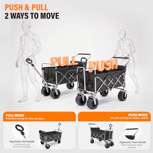 Collapsible Push & Pull Wagon with Drop Down Tailgate, 360lbs Heavy Duty Folding Shopping Cart with Big Wheels & Brakes for Sports, Groceries, Camping