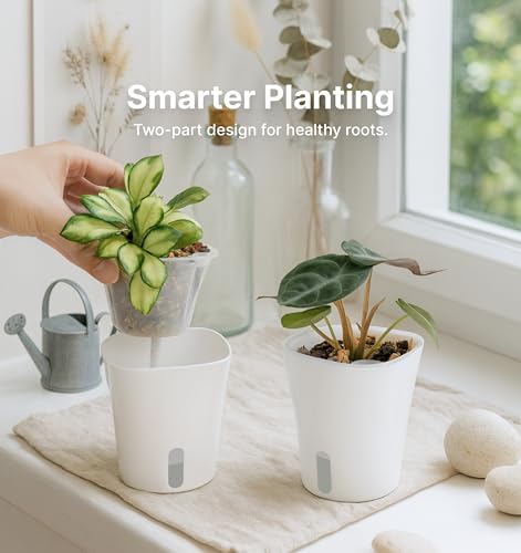 10 Pack 3" Self Watering Pots for Indoor Plants, Clear Inner Cup, Small White Plastic Planters, Water Level Indicator, Drainage Holes, Extra 3ft Wick, Cuttings,Seedlings,Herb,African Violet - color: Arctic White, size: 3" (10 Pack)