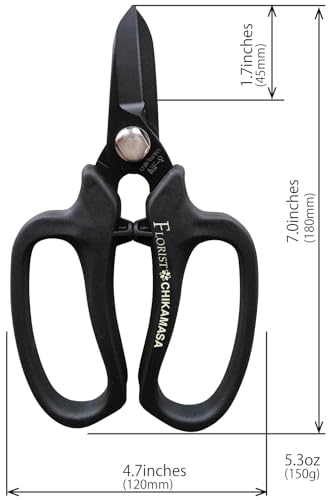 CHIKAMASA MF-9000, Precision Shears for Florists, Carbon Steel with Fluorine Coating and built-in wire cutter. For flower arrangement, fresh flowers, general gardening. Designed with florists. (Black) - color: Black