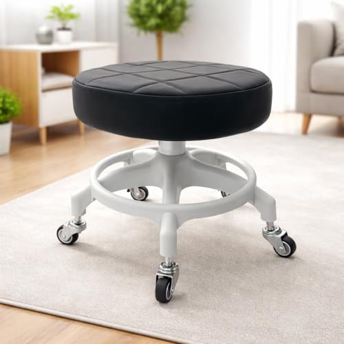 Upgraded Low Rolling Stool with 360° Smooth&Quiet Bearing Rubber Wheels, Heavy-Duty 450lbs Mechanic Rolling Seat for Salon, Workshop, Garage, Waffe Anti-Tip Matte Black Seat White Base - color: Matte Black Seat & White Base