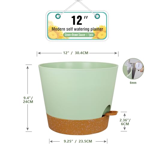 Meowell 12 inch Large Self Watering Pot for Indoor Outdoor Plants - color: Green With Brown, size: 12inch A