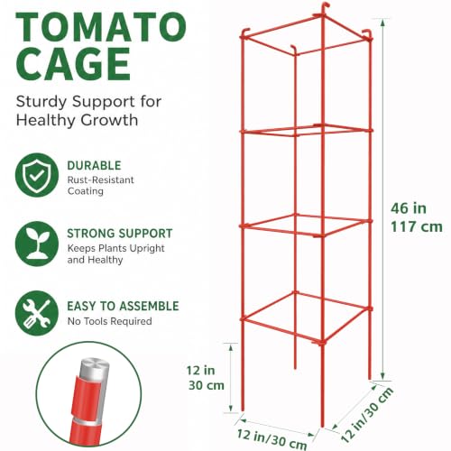 6-Pack 46inch Metal Tomato Cage for Garden Plant Support - color: Red, size: 46” H x 12” W