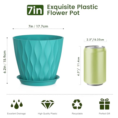 Meowell 7 inch Plant Pots for Indoor Outdoor Plants, 5 Pack Thick Flower Pots with Drainage Holes and Saucers, 3D Modern Wave Texture Plastic Planter Pots for Nursery and House Plants, Blue Green - color: Blue Green, size: 7 inch 5 pieces