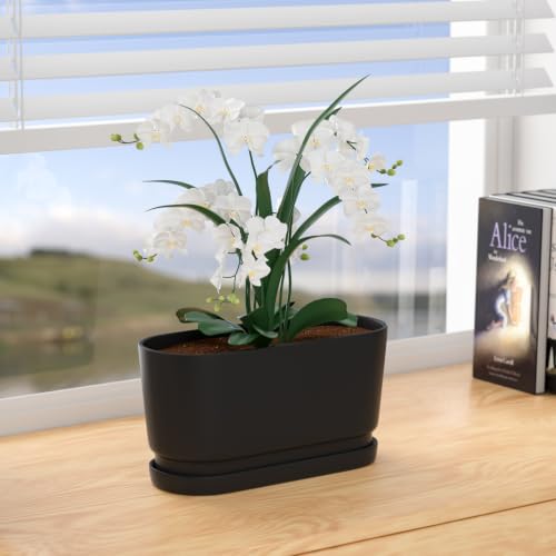 13" Rectangular Ceramic Planter with Drainage and Saucer, Black - color: Matte Black, size: Large