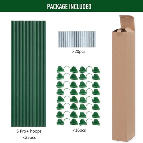 MAXPACE Greenhouse Hoops Kit, DIY 8ft Grow Tunnel, Fits Raised Garden Beds Up to 2.7ft Wide, 25 Pcs Rust-Proof Fiberglass Frame Support Rods for Row Cover, Shade Cloth, Frost Netting & Plant Stakes - size: S Pro+ (for Width: Less than 2.7')