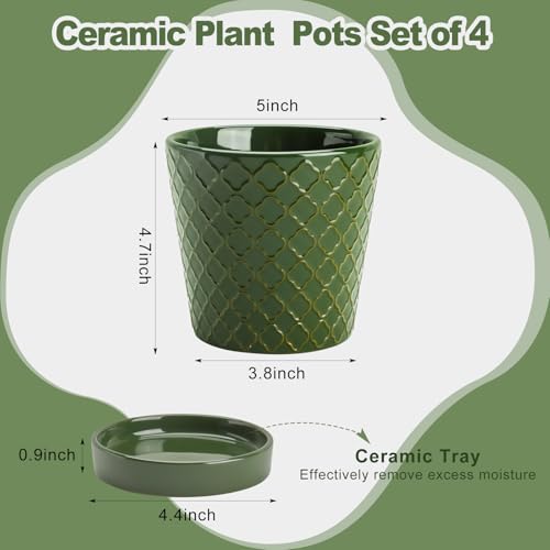 EFISPSS Ceramic Plant Pots, 5 Inch Planters with Drainage Holes and Ceramic Tray, Relief Design Flower Planter, Desktop Office Windowsill Decoration Gift Set of 4 - Blackish Green - color: Blackish Green